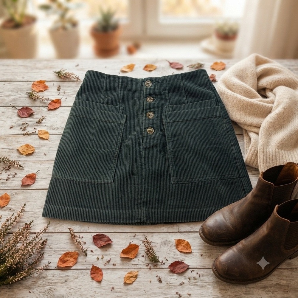 Forever 21 Contemporary S Dark Green Corduroy Button Front Mini Skirt Pockets
